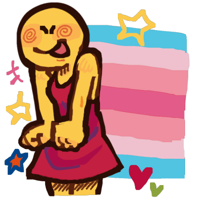 a beaming emoji yellow person in a pink dress in front of the transfeminine flag. there are sparkle symbols around them to show their happiness.